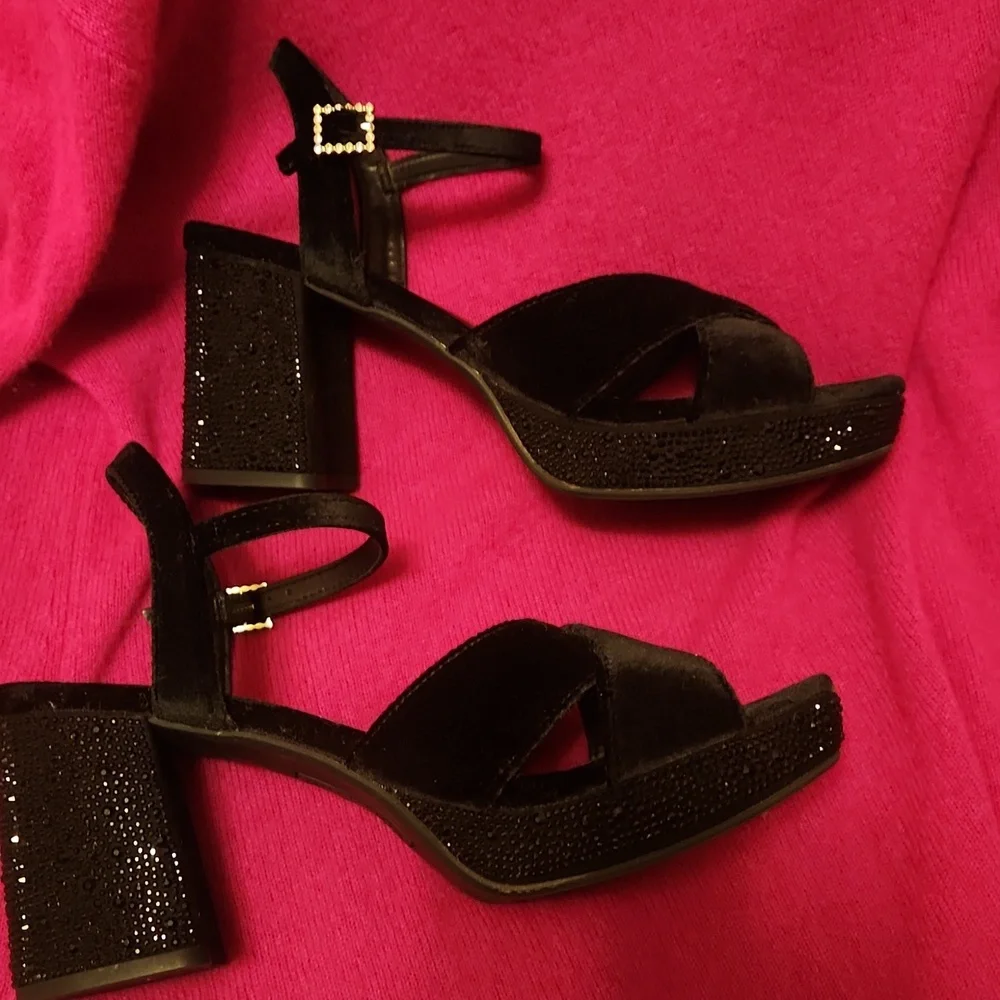Reaction Kenneth Cole Black Velvet Heels with Black Rhinestone Platform